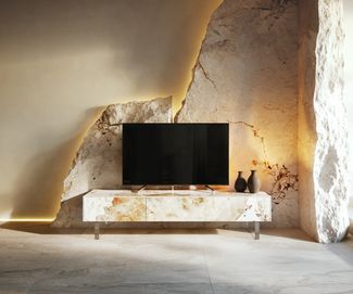 Lowboard Cuor 150 cm Keramik Minas Melange Weiß-Beige 1 Klappe 1 Schubfach Fuß Schwebeoptik Acrylglas