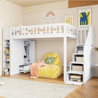 Flieks Hochbett Kinderbett 90x200cm mit Kleiderschrank Ablagefächer und Stauraumtreppe