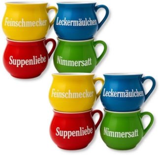 BURI Suppentassen 4er-Set aus Keramik | Bunte Henkel-Schüsseln mit Sprüchen | 400 ml | Spülmaschinenfest & mikrowellengeeignet | Mediterraner Stil