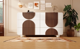 Kommode 121x41x71 cm, 6 Schubladen – weiße Holzoptik mit schokoladenfarbenen Leisten, geschwungenes Design,Weiß