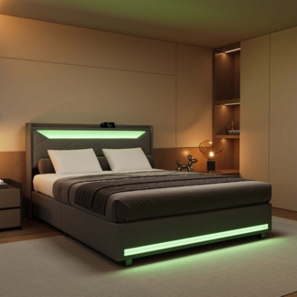 PXloue Polsterbett LED hydraulisches Doppelbett, Stauraumbett,mit Lattenrost und bettkasten,140x200 cm, Leinenstoff