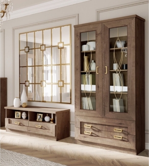 Lomadox Wohnzimmer-Set TEORA-161, (Mega-Spar-Set, 2-St, Lowboard Vitrinenschrank), in Lefkas Eiche Vitrinentüren mit Verzierung rustikal Metallgriffe