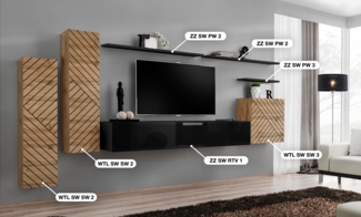 Wohnwand Switch Lamel I mit geriffelte Wotan Fronten und Schwarzen Hochglanz Fronten 330 x 160 cm 7-teilig