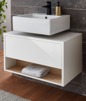Waschbeckenunterschrank Glide in weiß Hochglanz und Eiche 80 cm