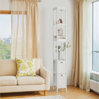 BlingBin Hochschrank Badezimmerschrank, Schmaler Freistehender Unterschrank Badkommode (Gesamtabmessungen: 20*30*160cm, Tragfähigkeit: Regal-10KG, Schublade-5KG, 1-St, Freistehender Schrank mit 2 Schubladen und 3 Einlegeböden) Wäscheturm aus Holz für B...