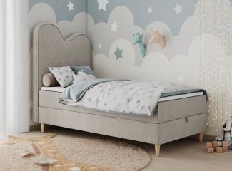 Kinderbett FLOW, Boxspringbett für Kinder, mit hohem Kopfteil, Einzelbett mit Matratze - 90x160 - Beige Stoff - Topper Visco