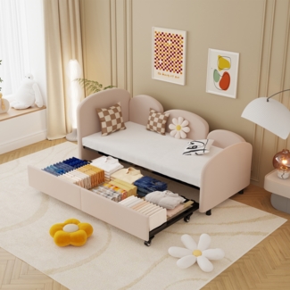 Flieks Blumen-Kinderbett mit Stauraum, Schlafsofa als 2-Sitzer Daybed – in rosa Samt
