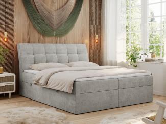 Boxspringbett Polsterbett mit Multipocket-Matratze und Topper - DIEGOS - 160x200cm - Hellgrau Stoff - H4