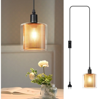Nettlife Pendelleuchte Vintage Glas Gold E14 1 Flammig Esszimmer Hängelampe mit Stecker, mit Stecker und Schalter, LED wechselbar, Retro Esstisch Hängeleuchte für Wohnzimmer Küche