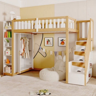 Flieks Hochbett Kinderbett 90x200cm mit Stauschrank Kleiderschrank und Stauraumtreppe