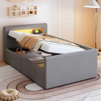 Merax Polsterbett mit hydraulischem Stauraum und Regal (Daybett Tagesbett Schlafsofa, 1-tlg), Kinderbett 90x200cm mit LED USB-Anschluss Nachtlicht, Samt Einzelbett