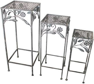 Hocker Set 3tlg. Gartendeko Eisenhocker Pflanzenständer Blumenhocker Antik Grau