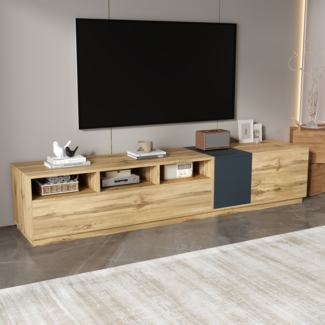 Merax 200cm TV-Ständer in Kontrastfarben. Mit schlichtem, kontrastreichem Design. Mit offenen Fächern und Kabelöffnungen, Schwarzgrau und Holzfarbe