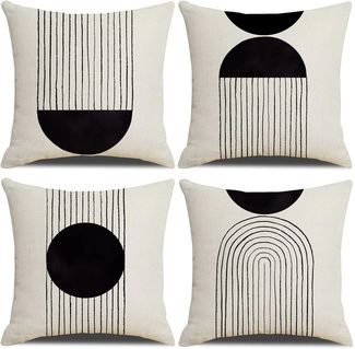 Kissenbezüge 45×45 cm 4er-Set Boho Schwarz/Beige, Mid-Century Arch Sun, Baumwoll-Leinen, Sofa Deko