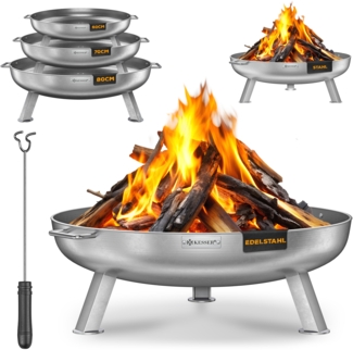 KESSER® Feuerschale mit 2,5 mm Stahldicke Feuerkorb aus Edelstahl / Stahl inklusive 42cm Feuerhaken aus Gusseisen, Wasserablauf & 2 stabile Griffe für Holz & Kohle Feuerstelle für Garten & Terrasse Ø 60 cm, Legierter Stahl + Funkenschutz