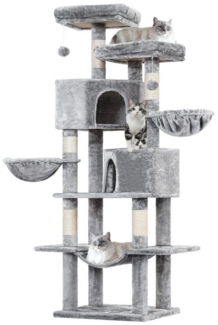 MSMASK Kratzbaum mit Sisalstämme, 2 Plattformen, 2 Katzenhöhlen, 2 Körbe, Hängematte, 180cm hoch, hellgrau