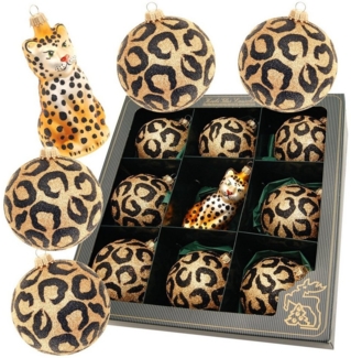 Krebs Glas Lauscha Christbaumschmuck Glaskugelset Africa Xmas, 9-teilig, 8 Kugeln Leopard Look, 1 Leopard, (9-tlg)