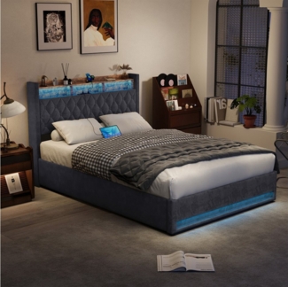 OKWISH Polsterbett mit holländischem Samt – Modern & Elegant (In 5 Größen erhältlich • Hochelastischer Schaum • Mit Lattenrost, 1-tlg), Mit LED-Lichtleiste und USB-Aufladung