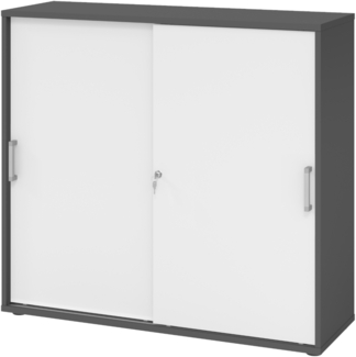 bümö Schiebetürenschrank 3OH - Aktenschrank abschließbar, Sideboard Schrank mit Schiebetüren in Graphit/Weiß, Chromgriff - Büroschrank aus Holz mit Schiebetür, Büro Kommode für Ordner & Co, 1753S-G-W-CE