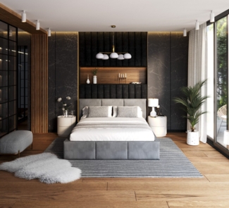 FDM Polsterbett Bettrahmen Bettgestell - MADE IN EU - mit hochwertigem Velours Bezug (verfügbar 90x200 120x200 140x200 160x200 180x200cm, Bettrahmen, Bett, Optional mit Matratze bestellbar, mit großen gepolsterten Kopfteil, mit Bettkasten zum aufklappe...