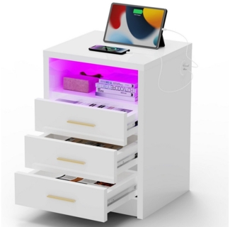 oyajia Nachttisch Nachtschrank mit 2/3 Schubladen, Beistelltisch mit Ladestation und LED (1-st RGB Nachttisch mit Schubladen und Ladestation), Nachttisch mit Schubladen, Einstellbare Farben, Type-C, USB-Anschlüsse