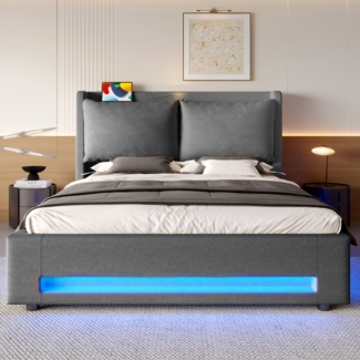 Flieks Polsterbett 140*200cm Doppelbett Samt-Himmelbett praktischem Stauraum, USB-C-Anschlüssen, ambienter LED-Beleuchtung, grau