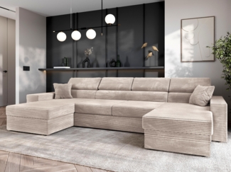 AX LIVING Belek U Großes Ecksofa Hellgrau aus Cord mit Bettkasten