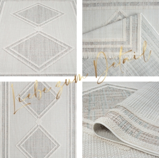 Teppich Läufer - 80x300cm - Beige Grün - Boho-Style mit Fransen - Modern Raute Optik - Flachflor Wohnteppich Schlafzimmer Deko