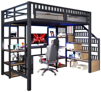 BlingBin Hochbett Kinderbett Jugendbett (1-St, mit Schreibtisch, LED-Lichtleiste (APP-Steuerung), USB-Anschlüssen) Ablagefach & stufenförmigem Stauraum, ideal für Kinder/ Jugendzimmer