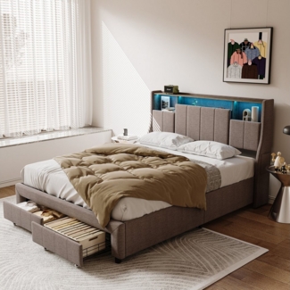 PXloue Polsterbett LED Doppelbett Stauraumbett, Ladefunktion, Lattnenrost, 2 Schubladen, Leinen, 160x200 cm