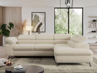 Mks Möbel 'Pedro L-Form' Ecksofa mit Schlaffunktion, verstellbaren Kopfstützen & Bettkasten, Beige, Boucle, rechts