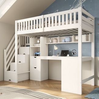 OKWISH Hochbett Bett 90x200 cm Hochbett mit Treppenschrank und Eckschreibtisch, weiß (Packung, 1-St, platzsparendes Holzbett für Kinder und Jugendliche) mit Stauraum und Schubladen (ohne Matratze)