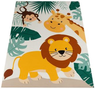 KADIMA DESIGN Kinderteppich waschmaschinenwaschbar Dschungeltiere‑Muster Kinderteppich, Rechteckig, Höhe: 4 mm, 100% Polyester, Rücken aus Felt + Dots, Rechteckig, 80x150cm, Beige
