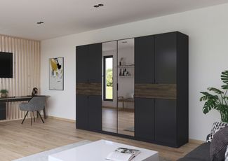 rauch Kleiderschrank, Drehtürenschrank TICAO, 10-türig, 2 Spiegeltüren, 2 Schubkästen, inkl. Türdämpferset, Grau metallic/Atlantik Oak dunkel, 271 x 210 x 54 cm