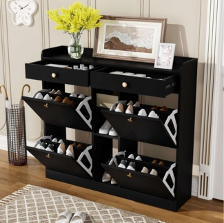 BlingBin Schuhschrank Edler Schuhschrank mit 4 Klapptüren, 2 Schubladen, 3 offenen Fächern (1er Set, 1-St, 110 x 26 x 100 cm) perfekt für moderne Flure und Eingangsbereiche