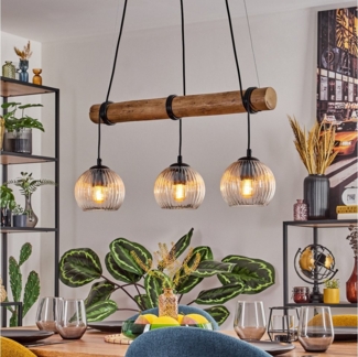 hofstein Pendelleuchte Hängelampe aus Metall/Holz/Riffelglas in Schwarz/Natur/Bernstein/Klar, ohne Leuchtmittel, Hängeleuchte Boho mit Glasschirmen, Holzbalken, max 150 cm, 3 x E27