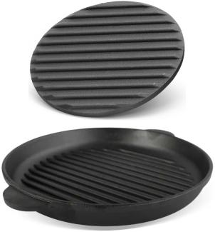 Ø26cm Grillpfanne aus Gusseisen Bräter mit Pressdeckel Schmortopf zwei Griffe Servierpfanne Grill