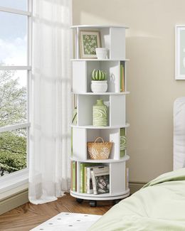 Bücherregal mit Rollen, 360° drehbar, 5-stöckig, mit Rollen, Spanplatte weiß, 45 x 45 x 161,5 cm