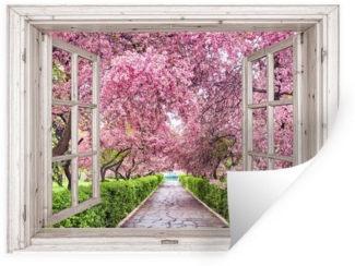 MuchoWow Wandsticker Japanisch - Sakura - Blüte - Baum - Blütenzweige - Fensterblick - Fens (1 St), Wandtattoo, Selbstklebend, Wohnzimmer, 40x30 cm