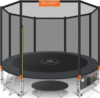 KESSER® - Trampolin | TÜV Rheinland GS Zertifiziert | Komplettset mit Sicherheitsnetz, Leiter, Randabdeckung, Seitentasche & Zubehör | Kindertrampolin Gartentrampolin Belastbarkeit 150 kg Orange, 305 cm