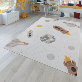 TT Home Teppich 10-348-24_80X150_Creme_Rechteckig, Rechteckig, Höhe: 4 mm, Kinderzimmerteppich Teppich Kinderteppich Rutschfest Planeten Sterne R