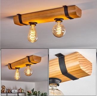 hofstein Deckenleuchte Deckenlampe aus Holz/Metall in Naturfarben/Schwarz, ohne Leuchtmittel, moderne Retro/Vintage/Industrial-Design Leuchte mit Holzbalken, 2 xE27