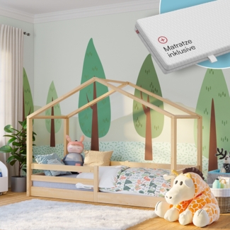 Bellabino 'Abia' Hausbett 90x200 cm mit Matratze, natur, Kiefer Massivholz, Bodenbett in Hausoptik, Montessori Kinderbett mit Rausfallschutz und Lattenrost