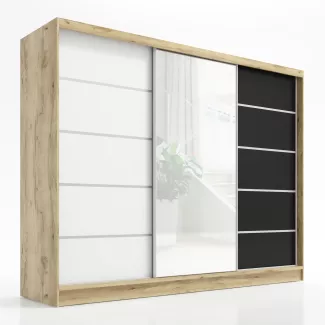 Schwebetürenschrank, 3-türig Schrank 200 cm mit Spiegel AURELIA 1. Farbe: Eiche Kraft gold, schwarz, weiß