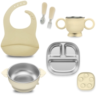 Kindergeschirr-Set, bruchsicherer, abnehmbarer Teller aus Edelstahl 304 mit Saugnapf, beige.