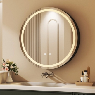 WDWRITTI Spiegelschrank mit steckdose 80 Badezimmerspiegelschrank mit LED mit Beleuchtung (Wandschrank Badezimmer Rund 80x80cm, Rasiersteckdose, 3Lichtfarben, Dimmbar, Anti-fog, Speicherfunktion) Alu-Schranktür, Stahlblechregale, mit Netzadapter, IP44