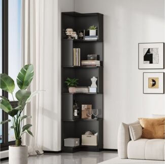 Flieks Bücherregal Standregal mit LED-Beleuchtung und 6 Ebenen, B63,5/T45/H175 cm 1-tlg, Eckbücherregal mit 5 Fächer L-förmig Hochschrank Eckregal Schwarz