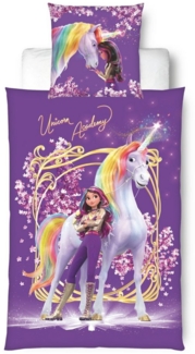 MTOnlinehandel Bettwäsche Unicorn Academy 135x200 + 80x80 cm, Kinder Geschenkidee, Microfaser, 2 teilig, Wende-Motiv mit Sophia & Wildstar • Einhorn
