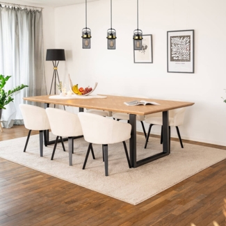 HOME DELUXE Essgruppe Eckig AVENCIA inkl. U-Fuß - 240 x 120 cm Fishbone Oak 6 Stühle Bouclé Weiß