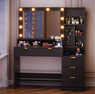 HOMALL Schminktisch Vertikale Streifen mit 5 Schubladen und 7 offenen Fächern (Mit 2 Euro-Steckdosen + 1 USB-Anschluss + 1 Typ-C-Anschluss)